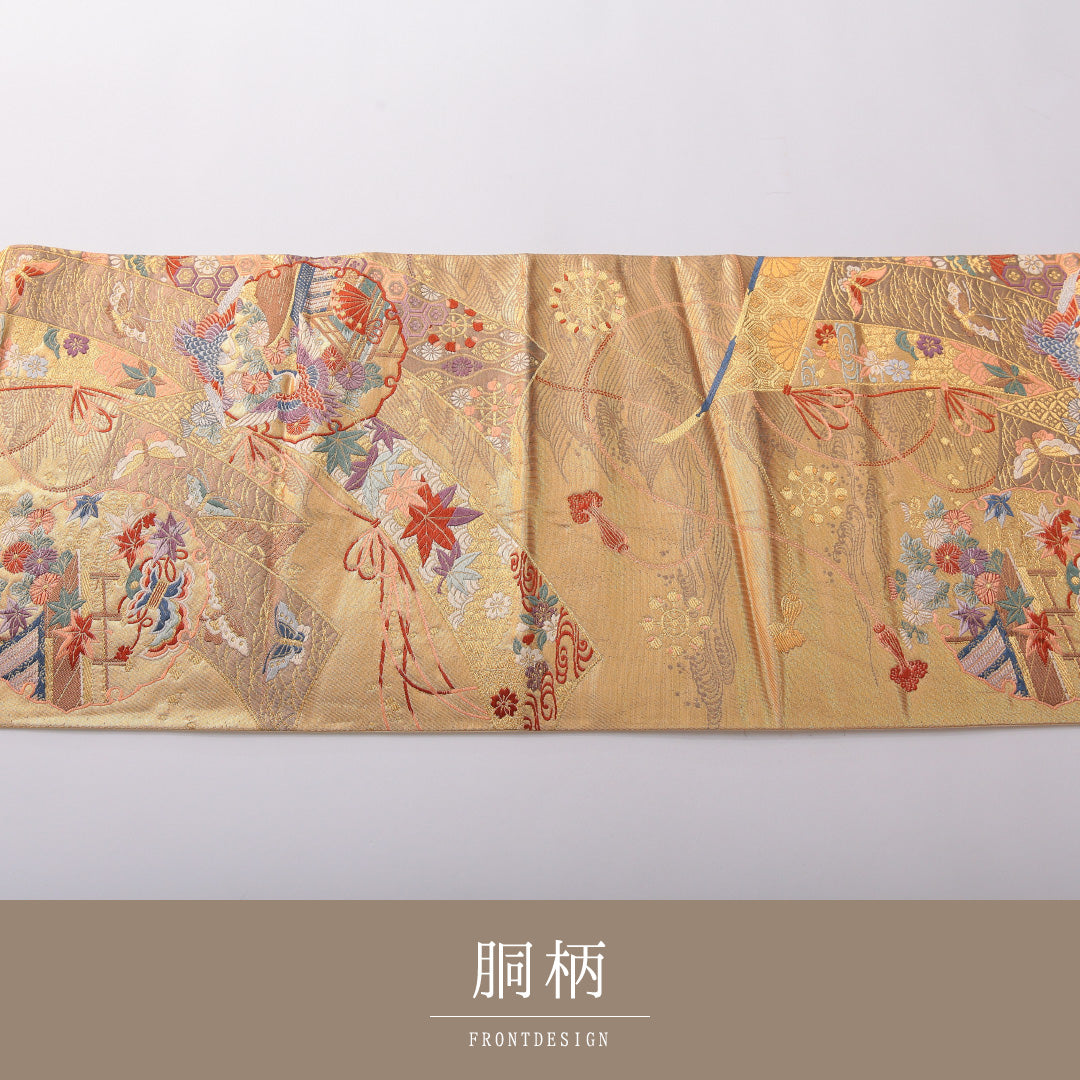 袋帯 帯丈430cm 正絹 六通 フォーマル 熨斗 雪輪 吉祥文様 金系 1243-02054