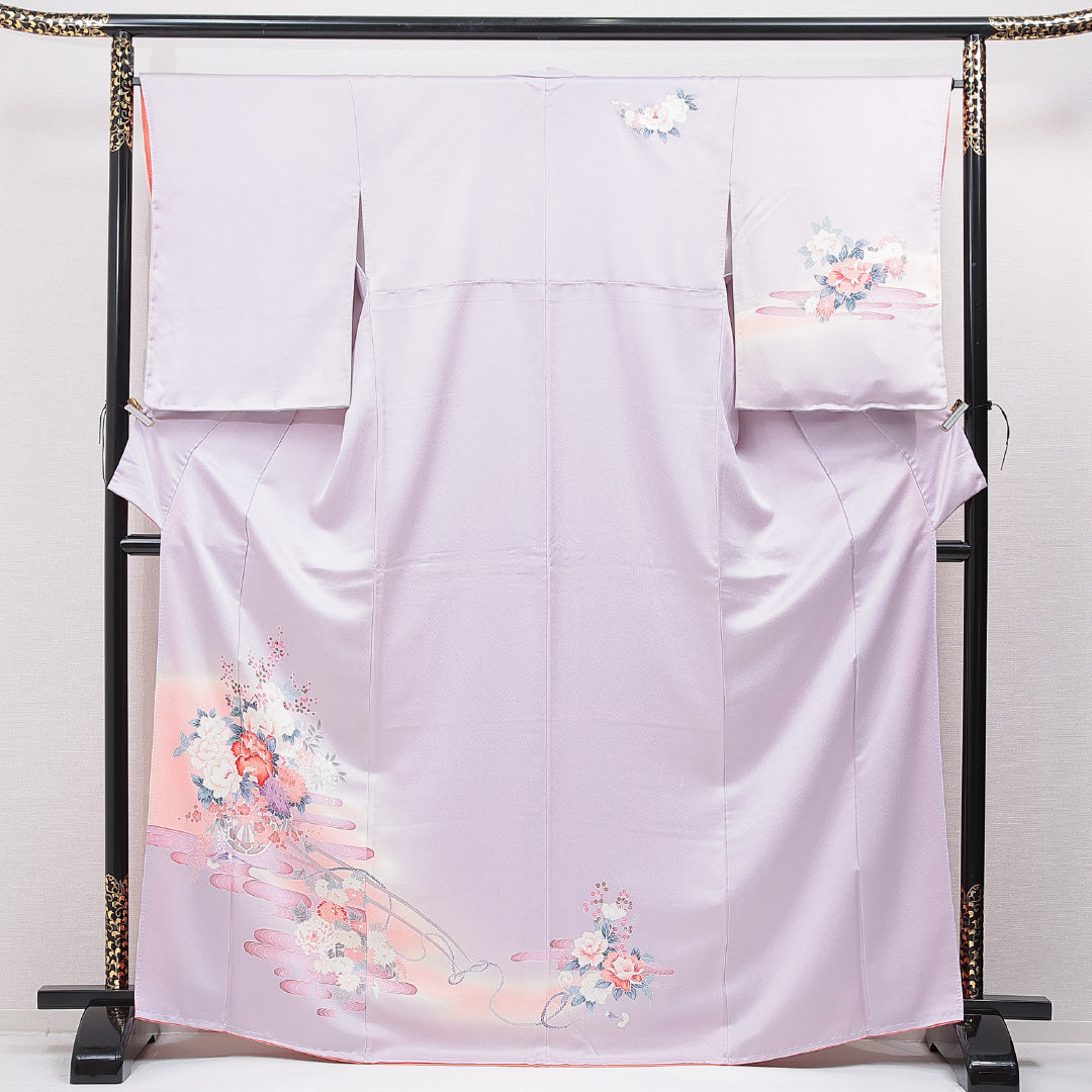 訪問着 袷 身丈167cm 裄丈61cm 正絹 Cランク セミフォーマル 広衿 XLサイズ 証紙 牡丹 紫系 LP 1217-15522