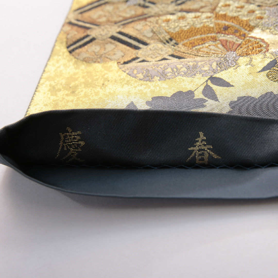 袋帯 帯丈440cm 正絹 六通 フォーマル 研き出し引箔袋 楽器 吉祥文様 紺系 金系 1243-02103