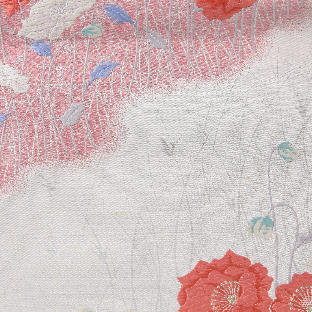 袋帯 帯丈436cm セミフォーマル 六通 帯芯なし Cランク 正絹 花柄 銀系 1223-02238