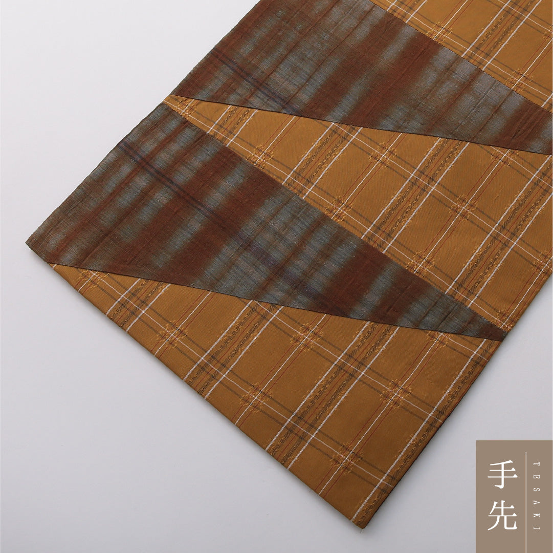 九寸名古屋帯 帯丈456cm カジュアル 開き仕立て 全通 リバーシブル Aランク 正絹 創作柄 黄系 グレー系 1224-03378