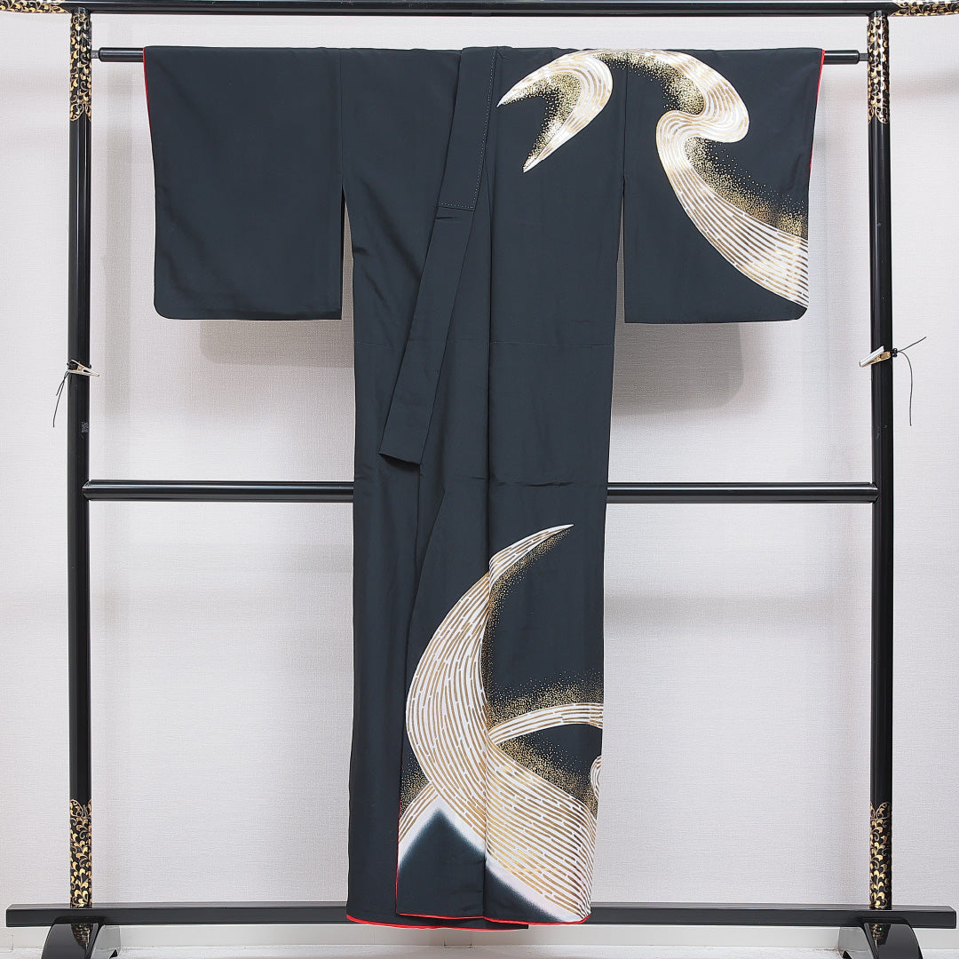 付下げ 洗える着物 単衣 身丈150cm 裄丈66cm ポリエステル Sランク Sサイズ バチ衿 インフォーマル 創作柄 黒系 1261-16282