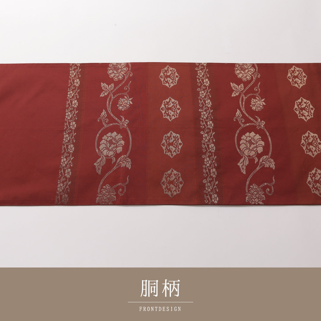 袋帯 帯丈444cm 正絹 六通 セミフォーマル アラベスク段文 名物裂 赤系 1243-01864