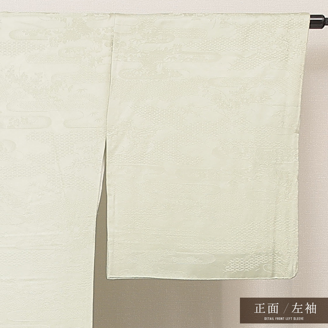 色無地 袷 身丈157cm 裄丈68cm 正絹 Cランク Mサイズ 広衿 インフォーマル 紋意匠 吉祥文様 緑系 1214-16893