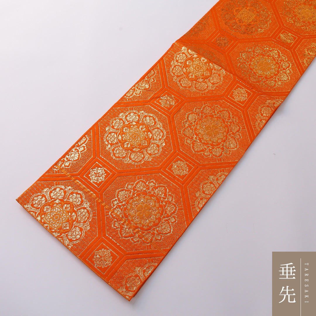袋帯 帯丈424cm 正絹 六通 フォーマル 蜀江 宝相華 朱系 金系 1243-01959