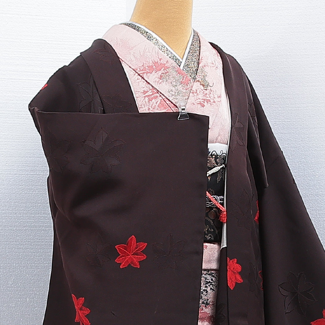 羽織 袷 身丈82cm 裄丈66cm 正絹 Bランク Mサイズ カジュアル 紐あり 紅葉 茶系 1217-16159