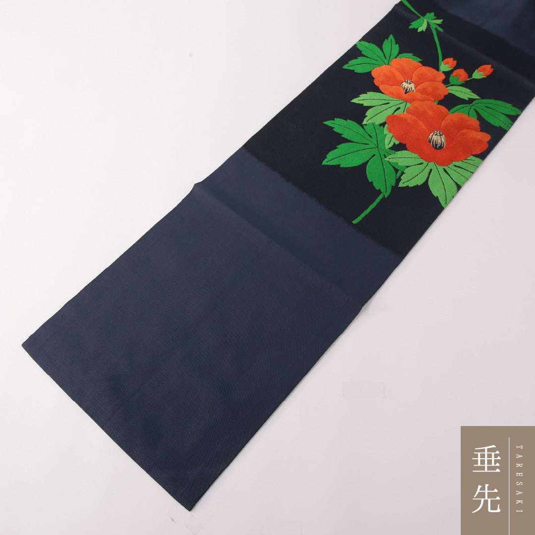 九寸名古屋帯 Sランク 帯丈351cm 正絹 ポイント柄 名古屋仕立て 織り インフォーマル 椿 紺系 RP 1245-03186