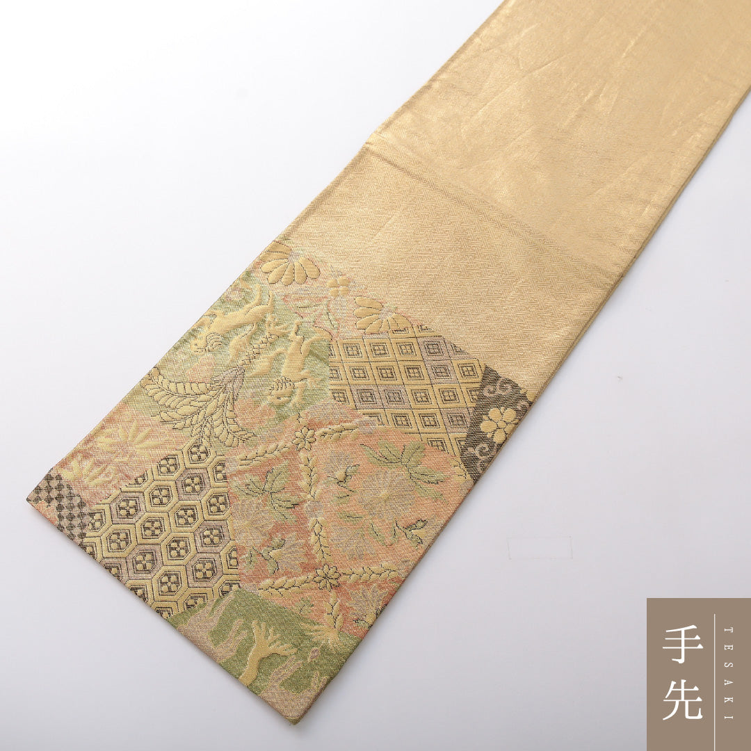 袋帯 帯丈412cm フォーマル 六通 Sランク 正絹 樹下双獣文 菱 金系 1223-02073