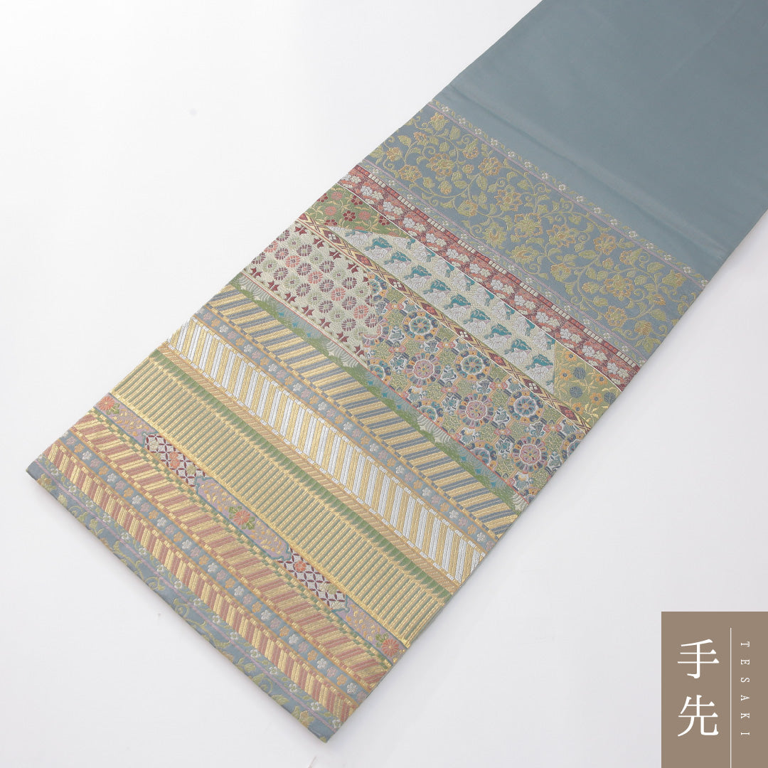 袋帯 帯丈432cm 正絹 六通 帯芯なし フォーマル 花兎 名物裂 アラベスク文様 段文 多色系 1243-02279