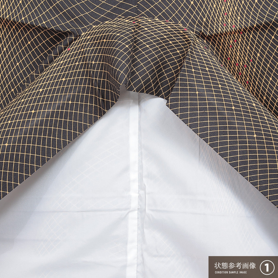 洗える着物 小紋 袷 身丈162cm 裄丈66cm ポリエステル Sランク インフォーマル 広衿 Lサイズ 幾何学柄 黒系 RP 1221-16259