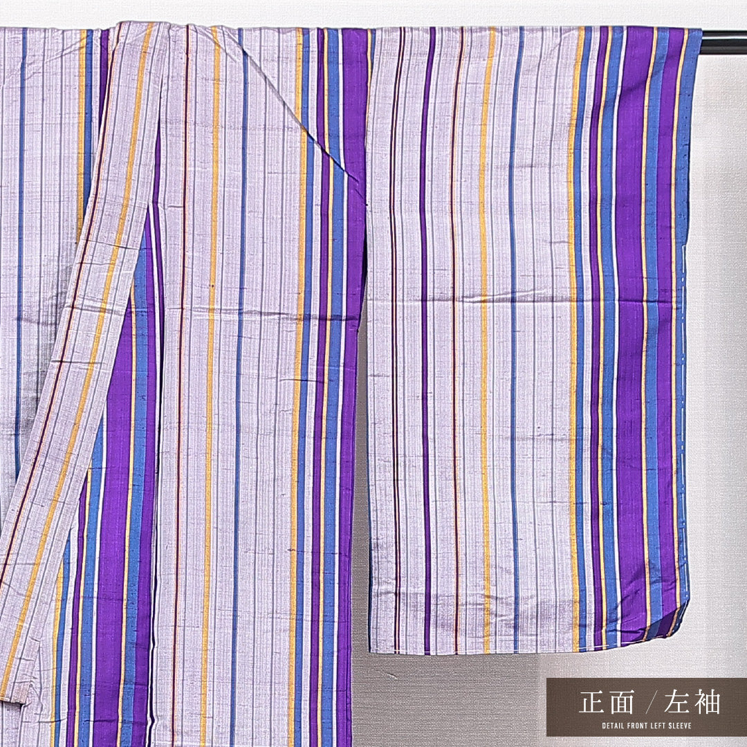 アンティーク 紬 単衣 身丈143cm 裄丈62cm 正絹 Aランク XSサイズ バチ衿 居敷当て 肩当て 縞 グレー系 紫系 1216-15106