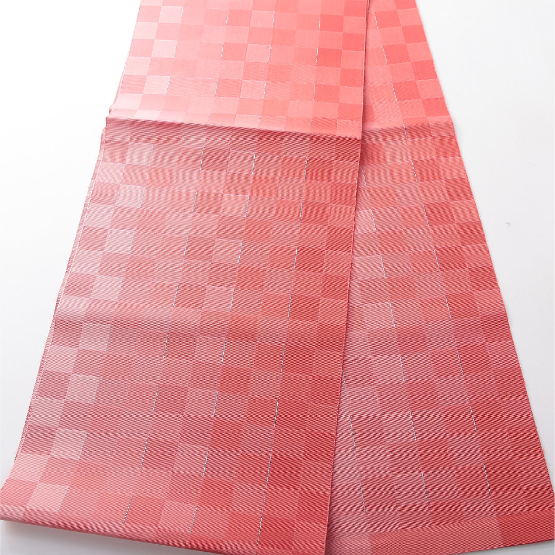 八寸名古屋帯 帯丈376cm カジュアル 開き仕立て 全通 Cランク 正絹 市松 ピンク系 1224-03793