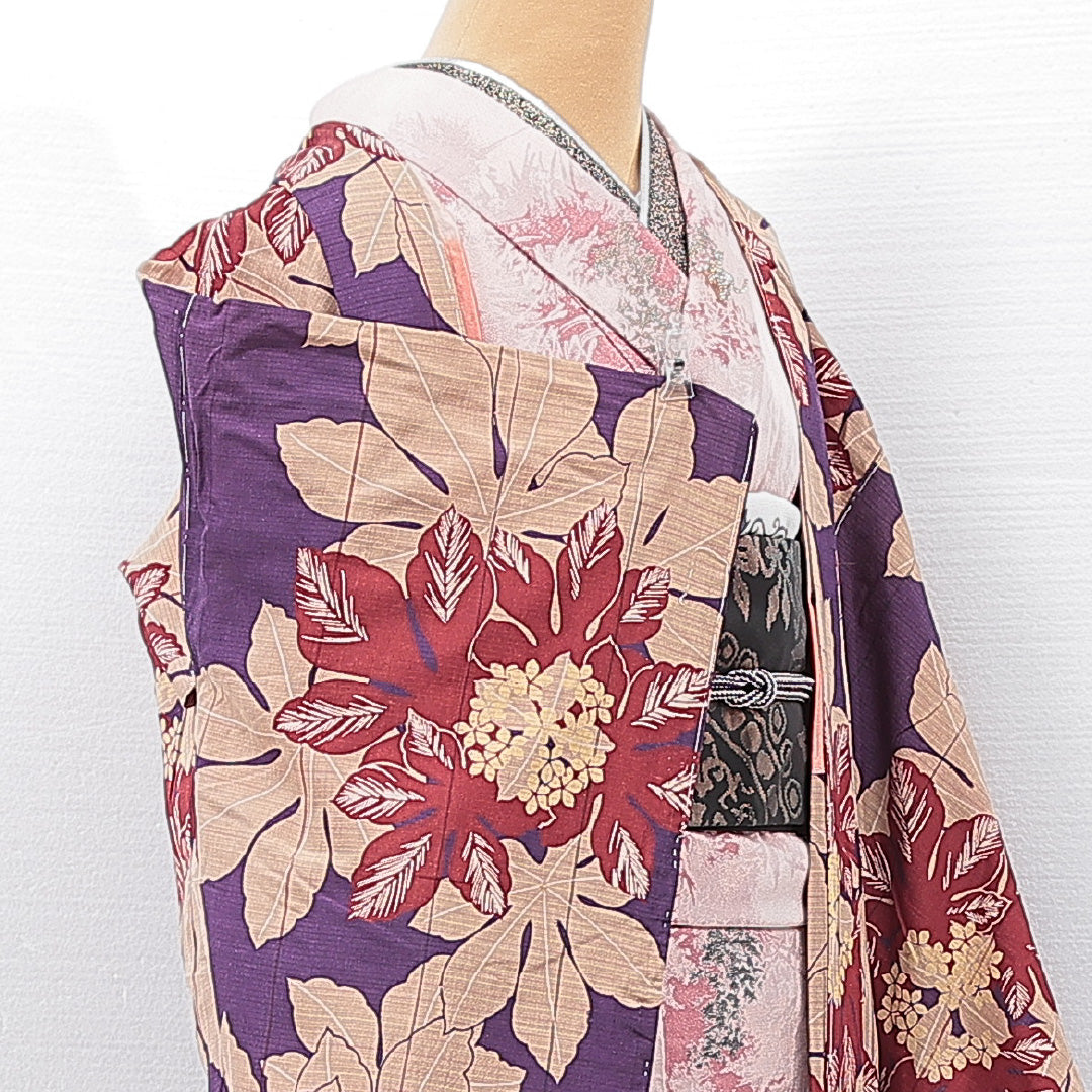 アンティーク 羽織（紬） 袷 身丈96cm 裄丈63cm 正絹 Aランク Sサイズ バチ衿 後染め 天狗の葉 緑系 1217-15180