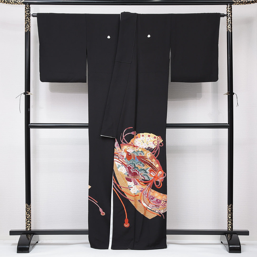 黒留袖 袷 身丈162cm 裄丈66cm 五つ紋 片喰 フォーマル Sランク Lサイズ 正絹 比翼仕立て 広衿 尾長鳥 扇 菊 蘇州刺繍 1211-F0660
