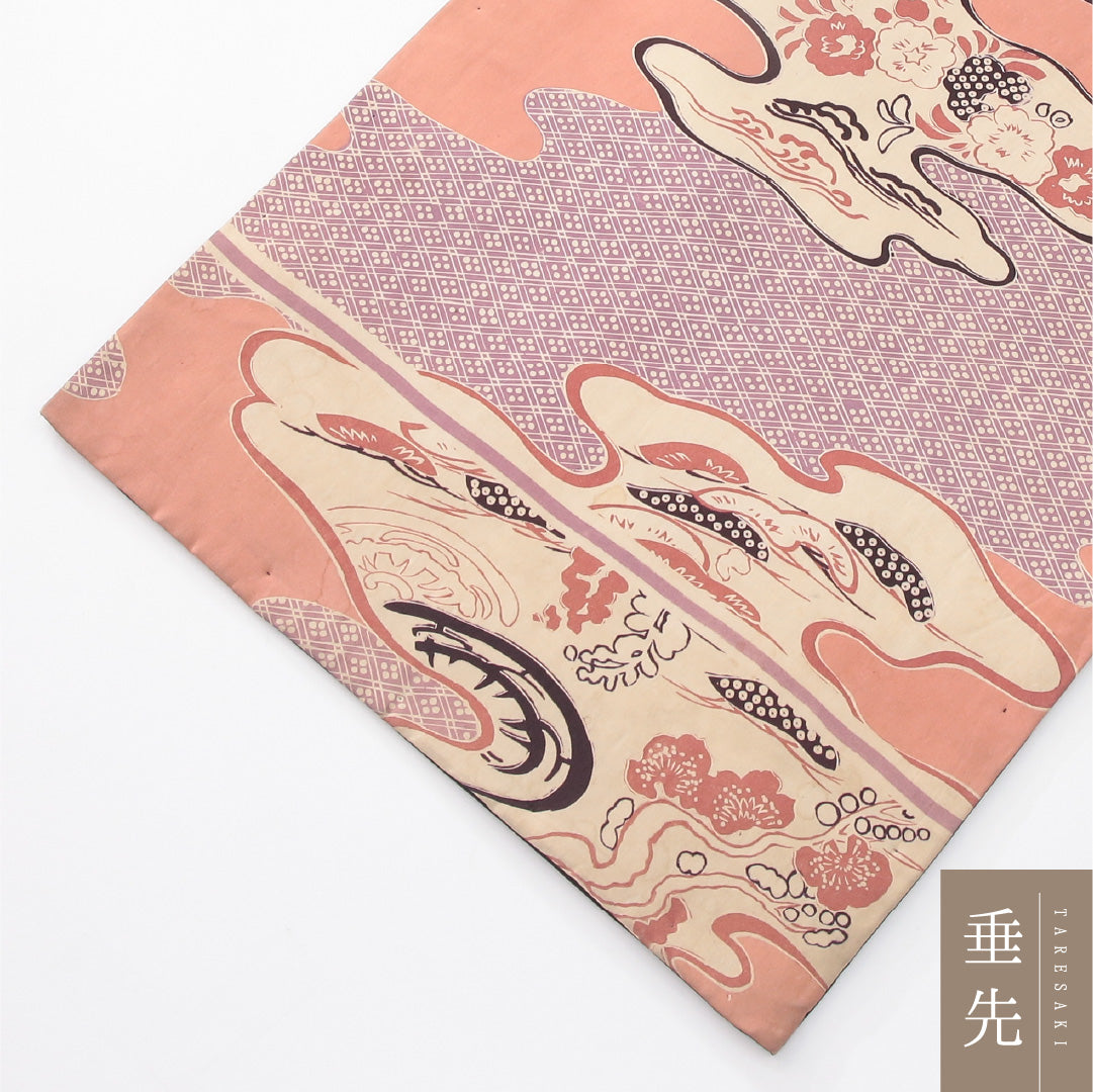 アンティーク 九寸名古屋帯 帯丈378cm 開き仕立て 全通 Aランク 正絹 染め帯 吉祥文様 道長取り ピンク系 1224-04175