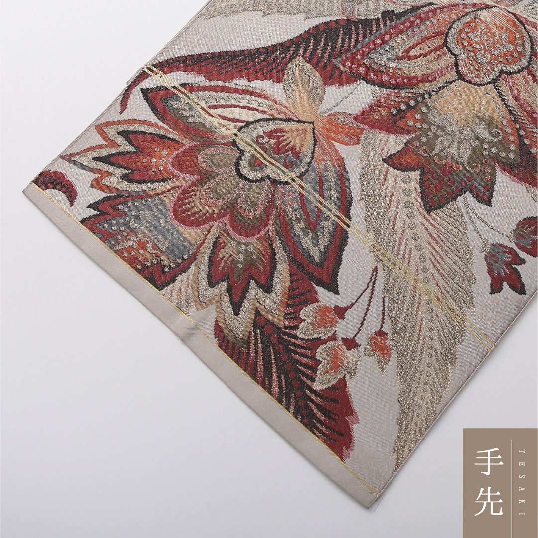 アンティーク 八寸名古屋帯 帯丈364cm セミフォーマル 開き仕立て ポイント柄 Aランク 正絹 綴れ織 ペルシャ文様 ベージュ系 多色系 1224-03688