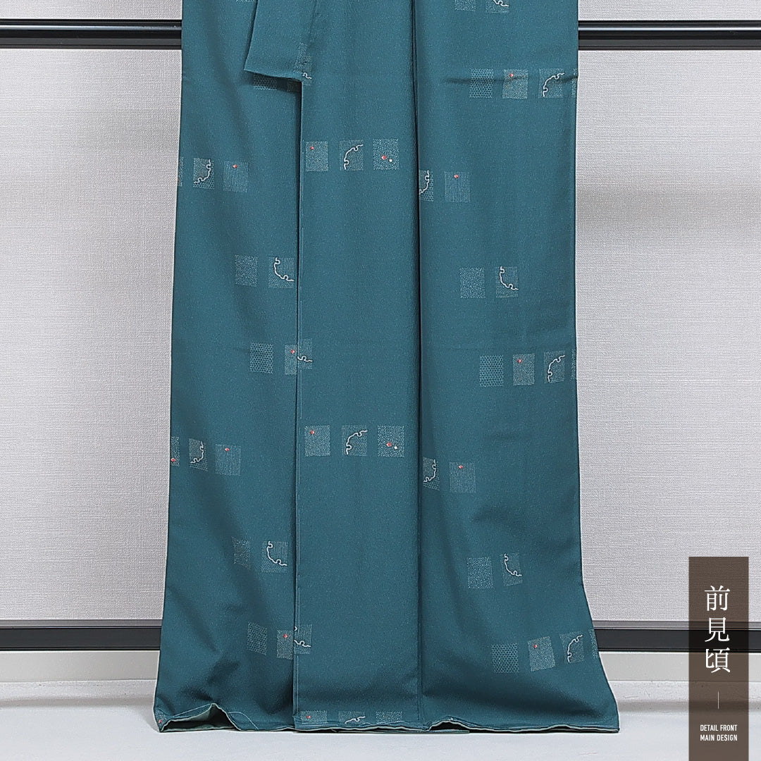 洗える着物 小紋 袷 身丈167cm 裄丈64cm ポリエステル Sランク インフォーマル 広衿 XLサイズ 創作柄 緑系 RP 1221-16258
