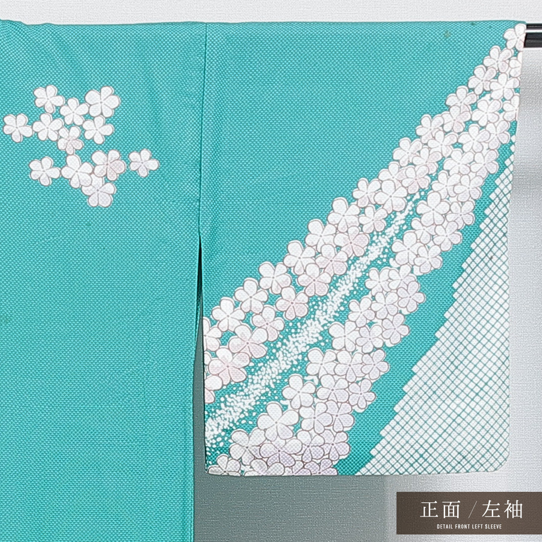 付下げ 洗える着物 単衣 身丈160cm 裄丈63cm ポリエステル Cランク Lサイズ バチ衿 インフォーマル 花柄 緑系 青系 1261-16300