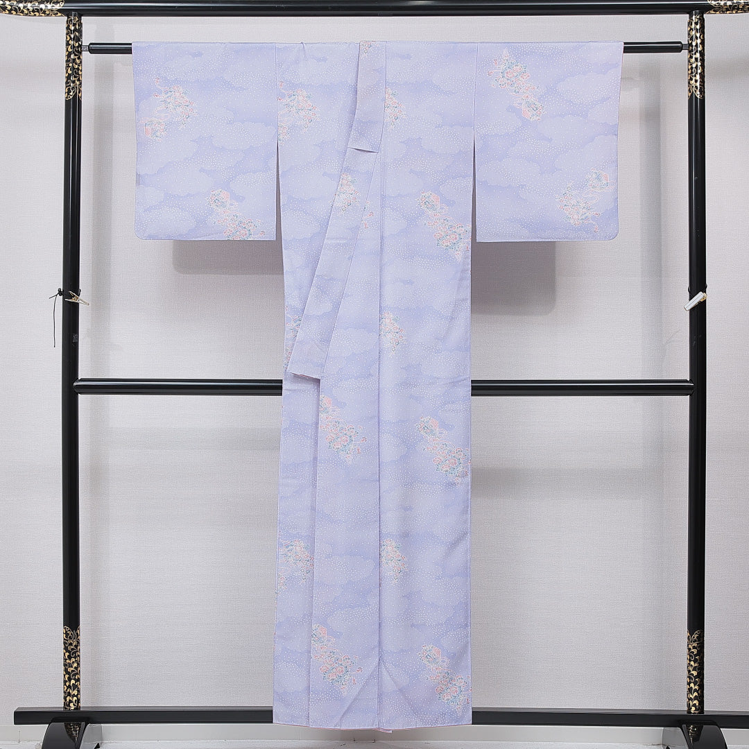 洗える着物 小紋 袷 身丈154cm 裄丈62cm ポリエステル Bランク インフォーマル バチ衿 Sサイズ 椿 吉祥文様 紫系 HP 1221-15848