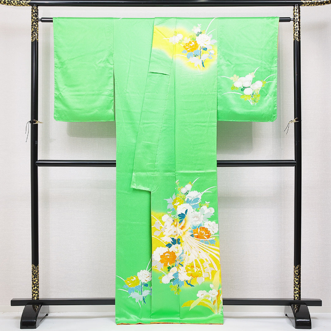 訪問着 袷 身丈167cm 裄丈62cm 正絹 Aランク セミフォーマル 広衿 XLサイズ 尾長鳥 牡丹 緑系 RP 1217-15085