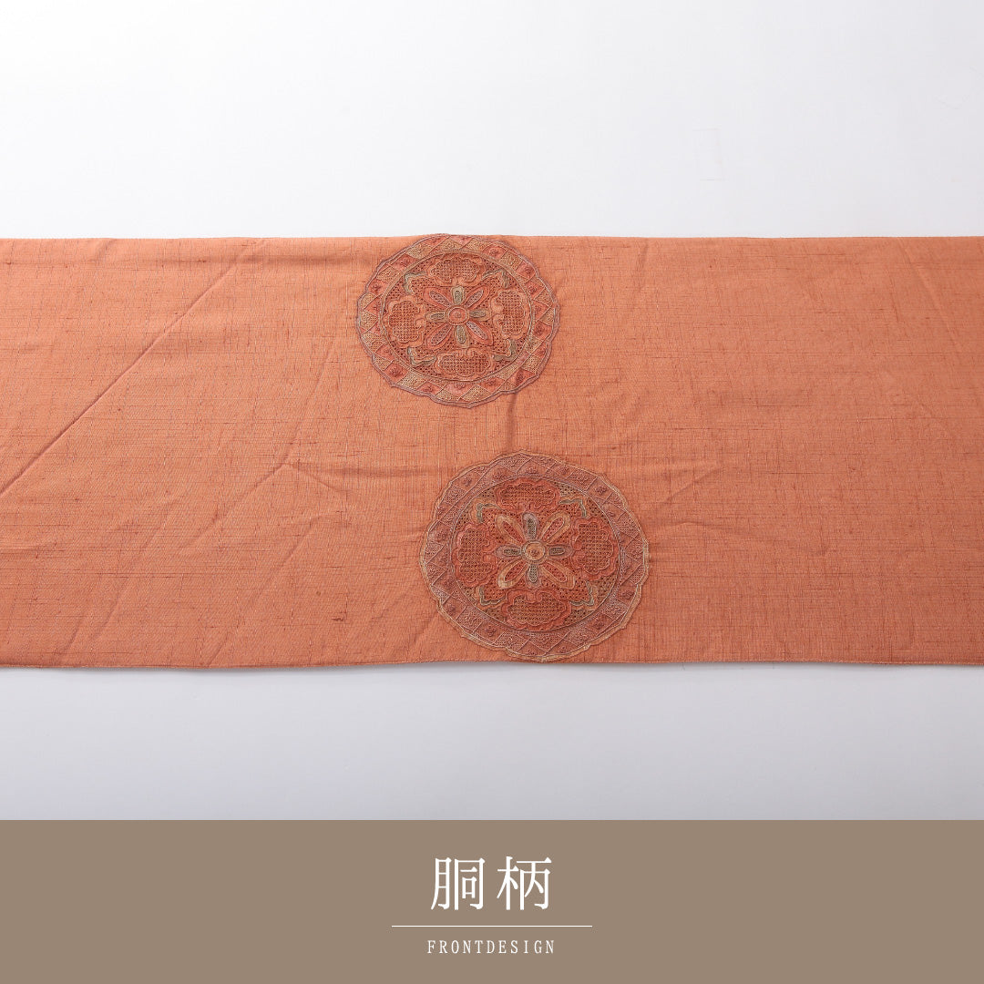袋帯（紬） 帯丈464cm 正絹 ポイント柄 インフォーマル 鏡裏文 朱系 1243-02090