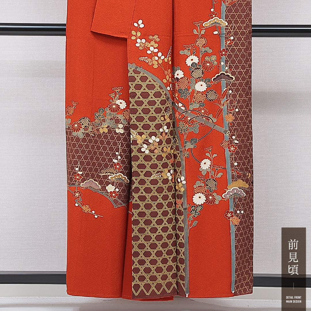 訪問着 袷 身丈156cm 裄丈65cm 正絹 Aランク Mサイズ 広衿 セミフォーマル 手描き友禅 ちりめん 籠目 梅 笠松 ぼかし染 金彩 作家物 落款 朱系 1212-15879