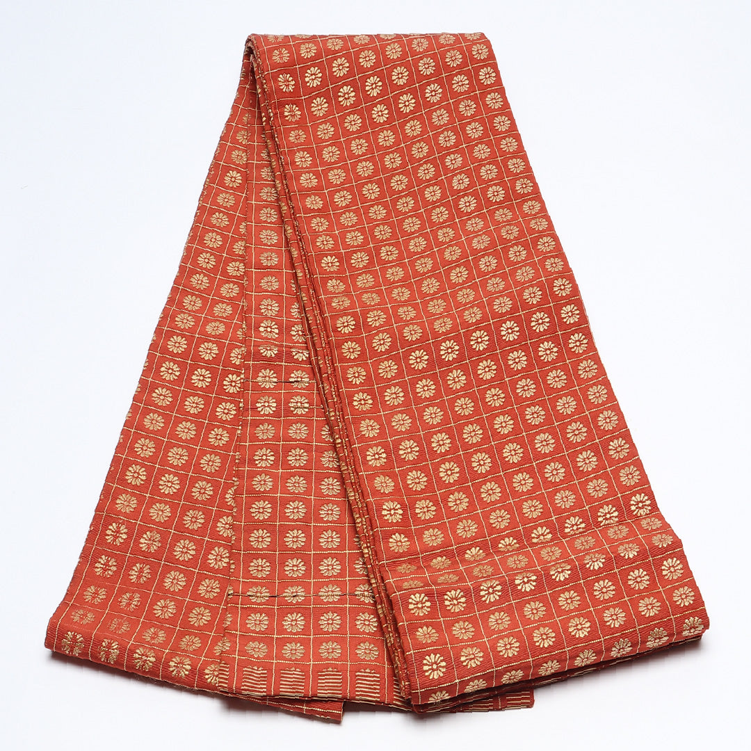 半幅帯 帯丈352cm カジュアル 小袋帯 全通 Aランク 正絹 格子 菊 朱系 1225-00642