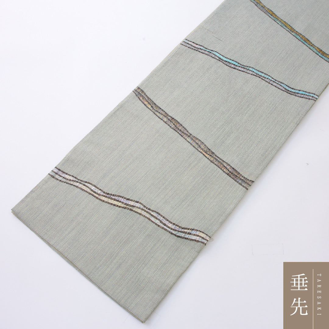 袋帯（紬） 帯丈446cm 正絹 ポイント柄 帯芯なし インフォーマル 経錦 創作柄 緑系 1243-02220