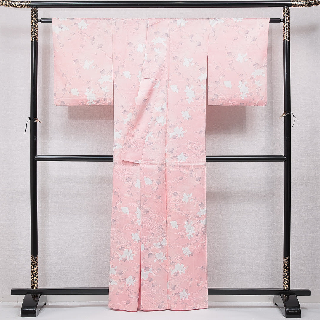 小紋 洗える着物 袷 身丈161cm 裄丈64cm ポリエステル Sランク Lサイズ 広衿 インフォーマル 花柄 ピンク系 1215-15790
