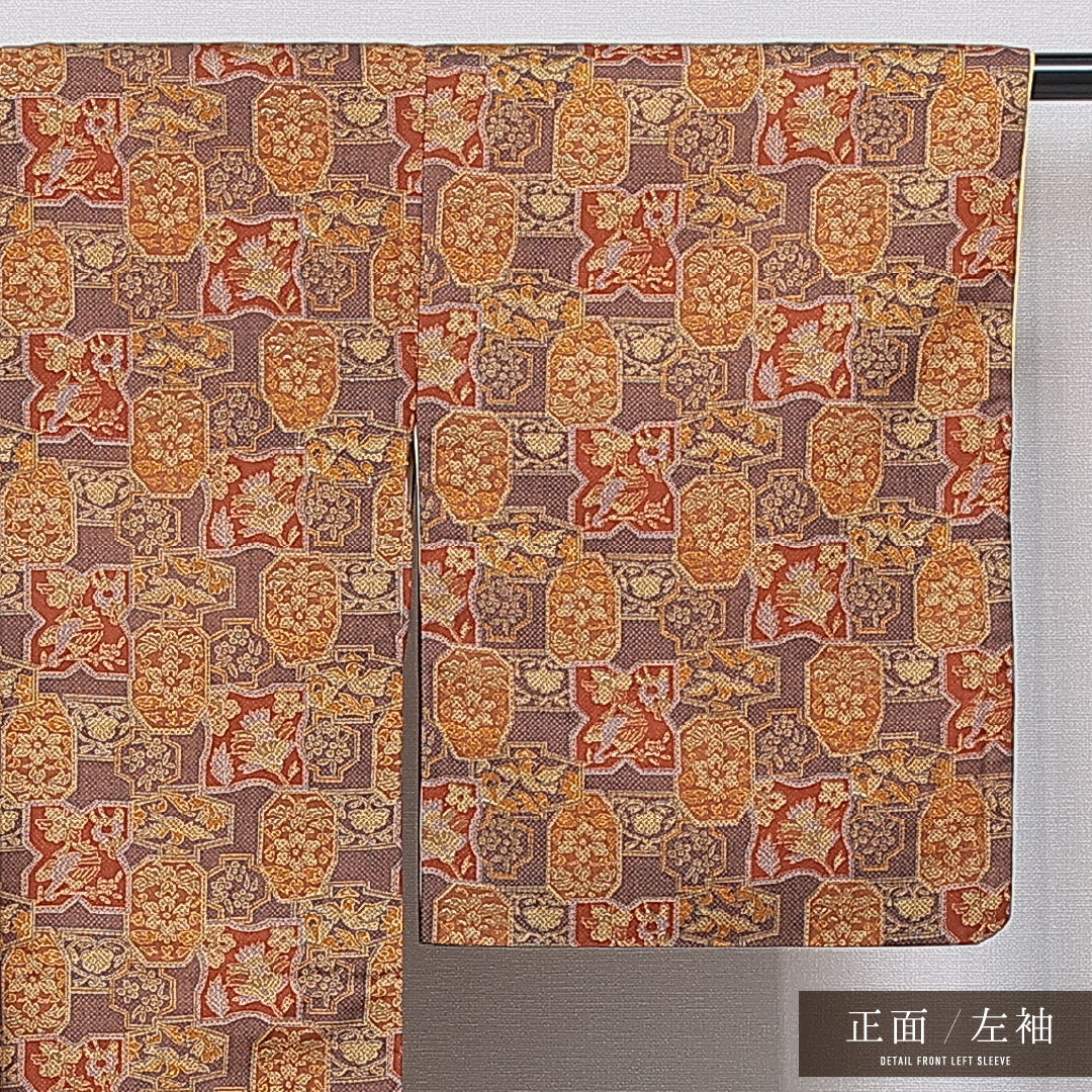 小紋 袷 身丈165cm 裄丈64cm 正絹 Aランク インフォーマル 広衿 XLサイズ 鳥 花柄 茶系 RP 1221-15934