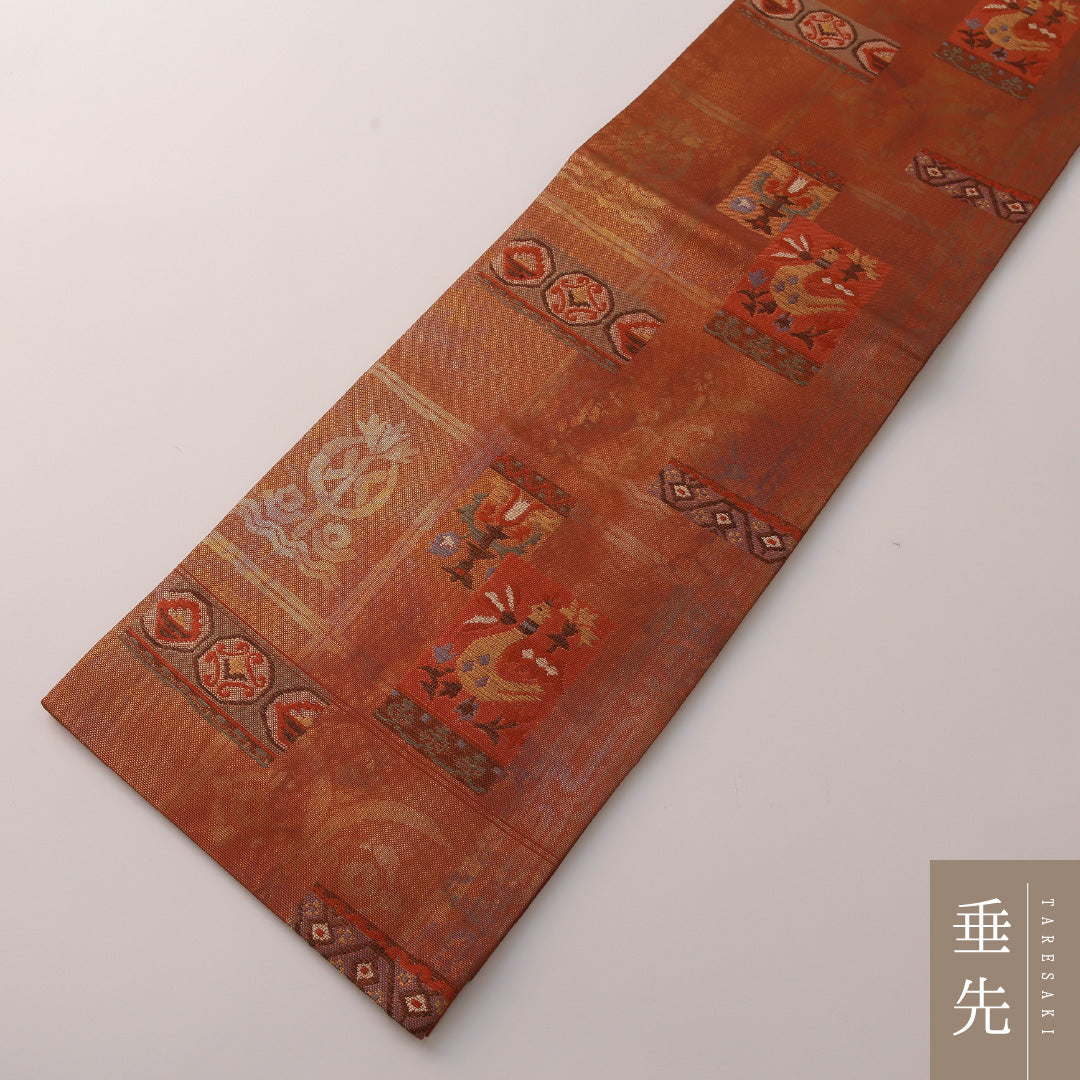 袋帯 帯丈428cm セミフォーマル 六通 Aランク 正絹 創作柄 朱系 1223-01907