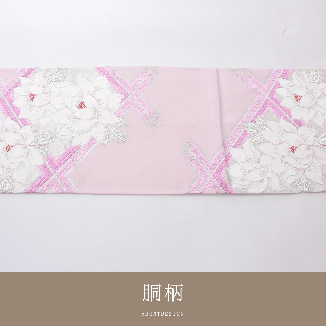 袋帯 帯丈416cm 正絹 六通 セミフォーマル 菱つなぎ 牡丹 紫系 1243-02178