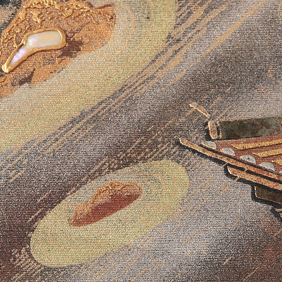 袋帯 帯丈440cm 正絹 六通 フォーマル 五重塔 京洛百景 紺系 金系 1243-01835