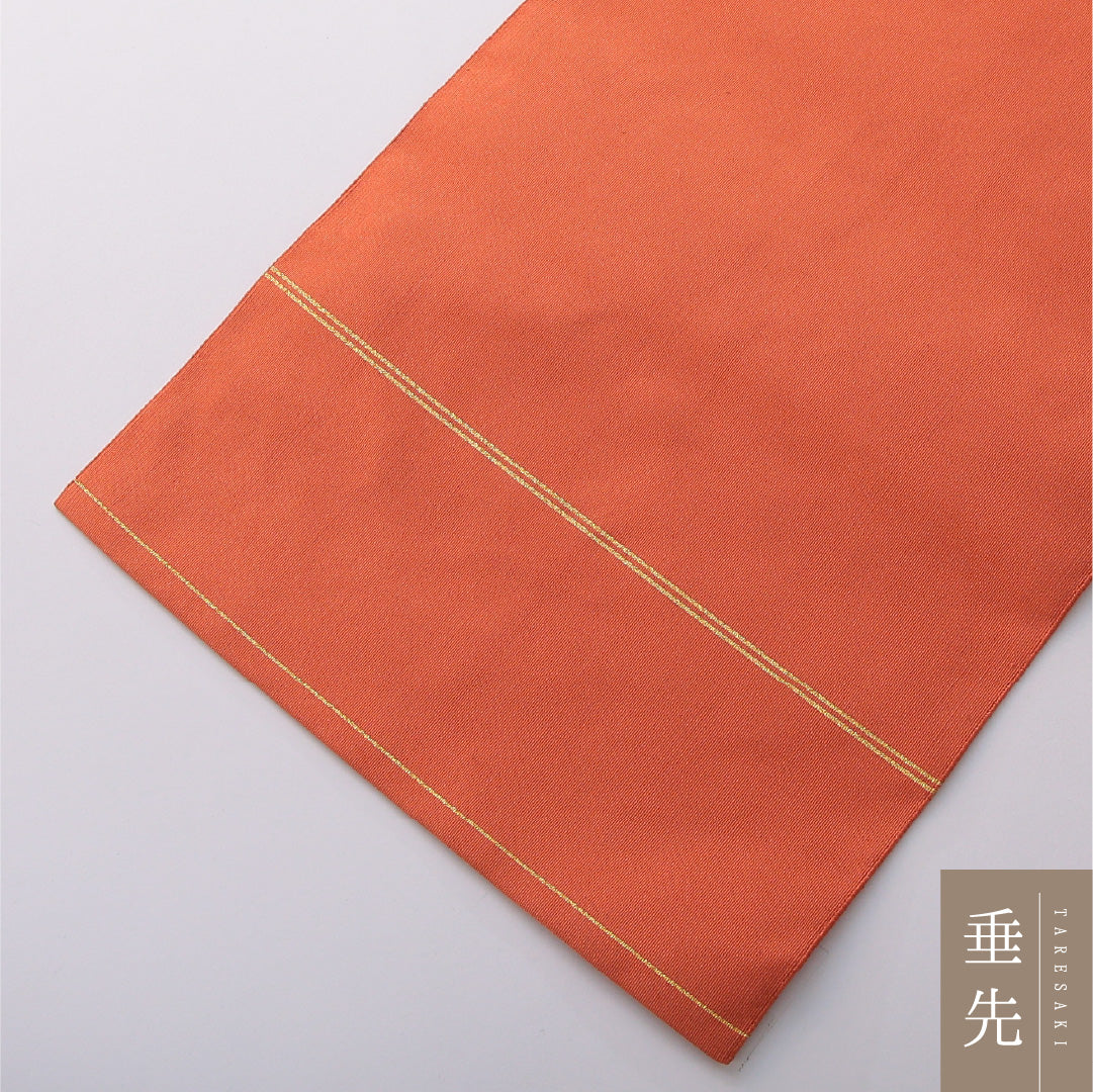 八寸名古屋帯 帯丈357cm カジュアル 松葉仕立て 全通 Aランク 正絹 無地 朱系 1224-03618