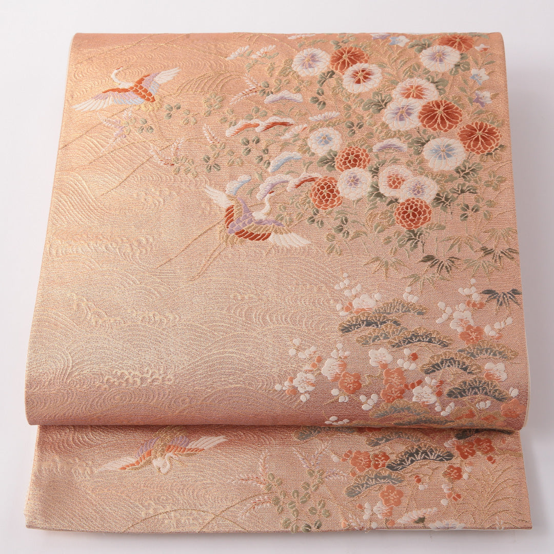 袋帯 帯丈436cm 正絹 六通 フォーマル ふくれ織 鶴 荒磯 吉祥文様 ピンク系 朱系 1243-01779