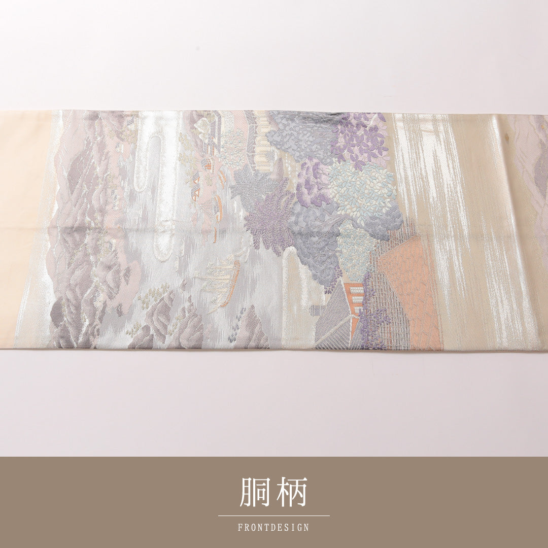 袋帯 帯丈428cm 正絹 六通 セミフォーマル 長崎 船 風景柄 白系 銀系 1243-01854