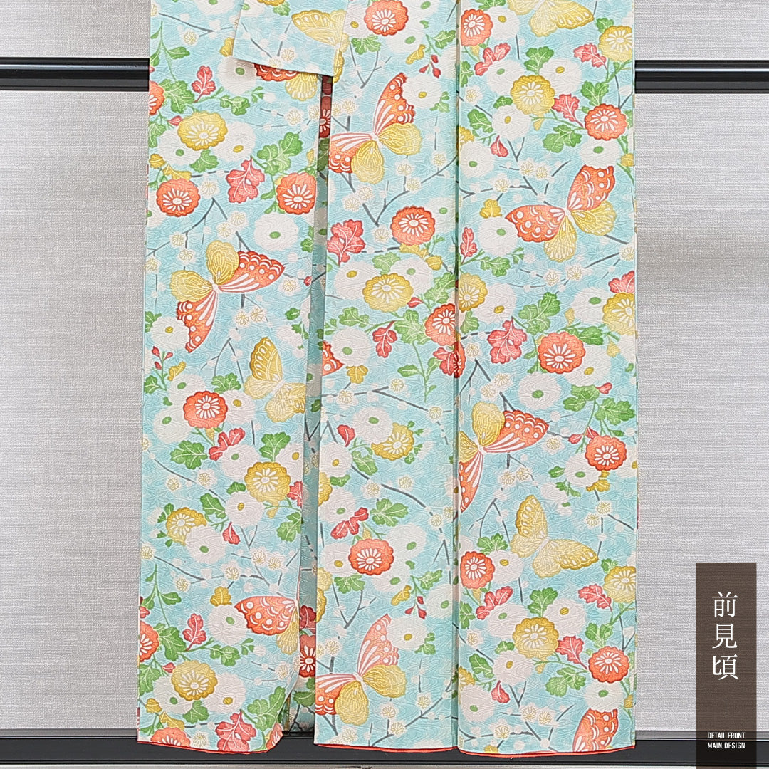 洗える着物 小紋 袷 身丈151cm 裄丈61cm ポリエステル Cランク インフォーマル 広衿 Sサイズ 蝶 菊 水色系 LP 1221-16220