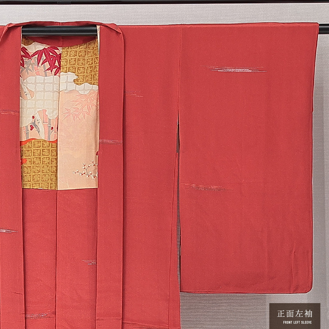 アンティーク 羽織（お召） 袷 身丈89cm 裄丈61cm 正絹 Aランク Sサイズ 一つ紋（五三桐） 道長取り 朱系 1217-15263