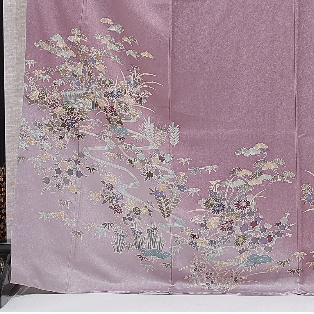 訪問着 袷 身丈172cm 裄丈63cm 正絹 Cランク セミフォーマル バチ衿 2XLサイズ 菊 笠松 紫系 HP 1217-15195