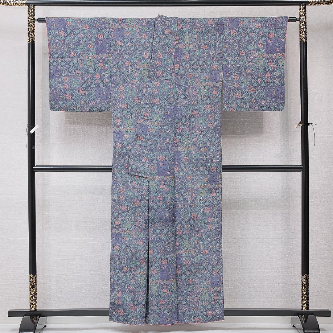 小紋 袷 身丈156cm 裄丈60cm 正絹 Sランク インフォーマル 広衿 Mサイズ 蜀江 流水 紫系 RP 1221-15201