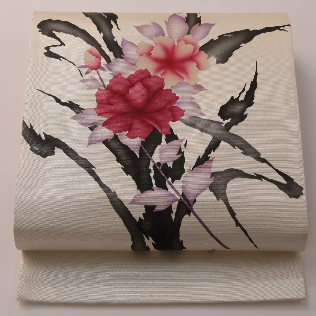 袋帯 帯丈432cm セミフォーマル ポイント柄 Aランク 正絹 染め帯 牡丹 クリーム系 赤系 1223-01903