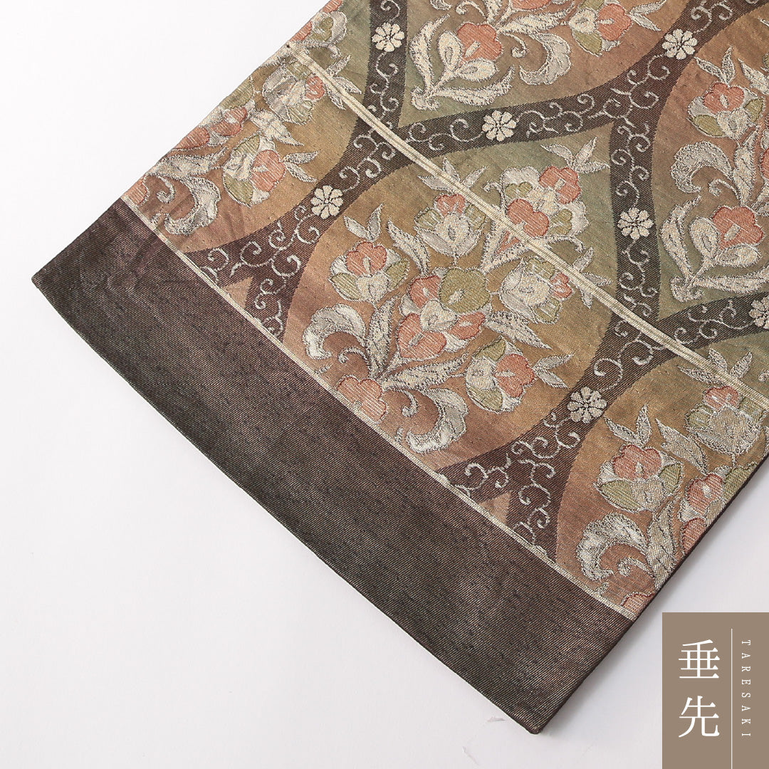 袋帯 帯丈430cm 正絹 全通 フォーマル ふくれ織 唐草華文 網目 茶系 緑系 1243-01742