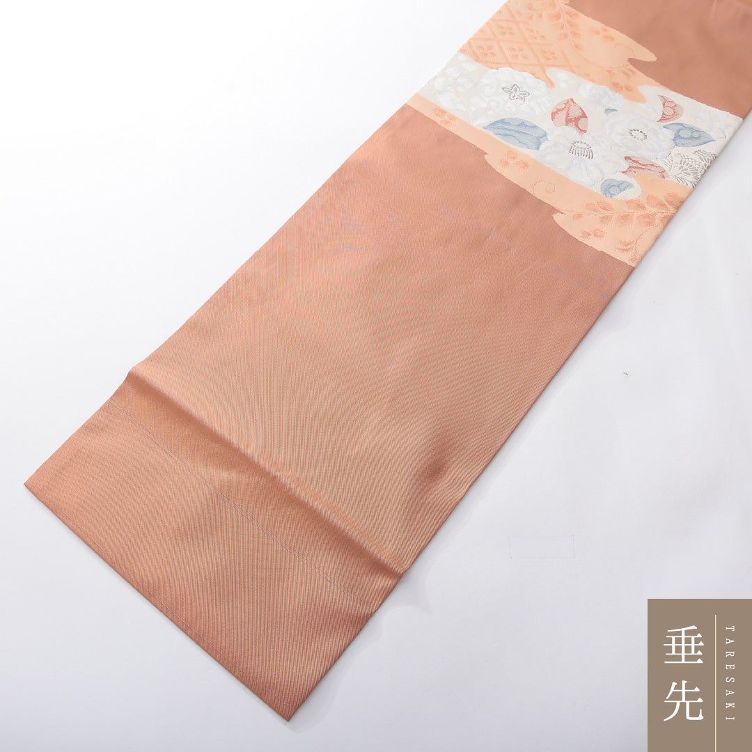 九寸名古屋帯 帯丈354cm インフォーマル 名古屋仕立て ポイント柄 Sランク 正絹 椿 ピンク系 朱系 1224-03920