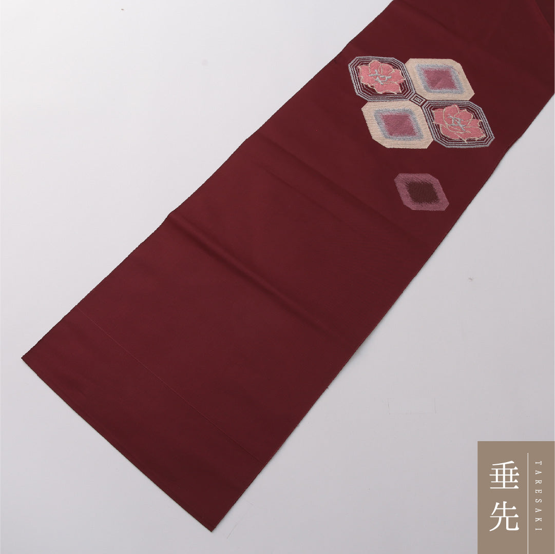 八寸名古屋帯 Cランク 帯丈328cm 正絹 ポイント柄 開き仕立て 織り インフォーマル 薔薇 深い赤系 M4 1245-03257
