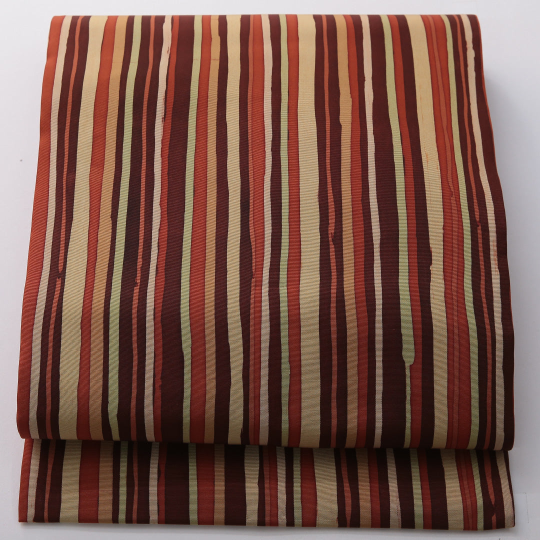 九寸名古屋帯 帯丈360cm カジュアル 名古屋仕立て 全通 Cランク 正絹 染め帯 縞 多色系 1224-03568