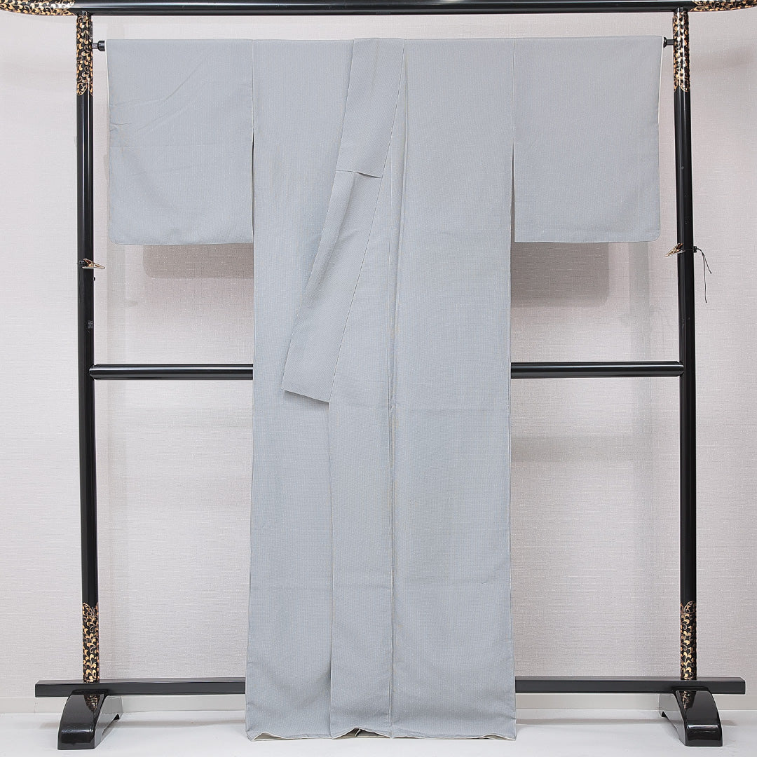 紬 洗える着物 袷 身丈168cm 裄丈67cm ポリエステル Cランク XLサイズ 広衿 カジュアル 縞 グレー系 1216-15193