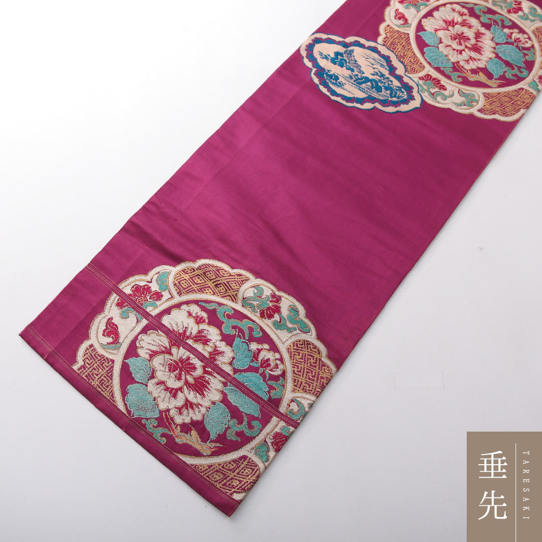 アンティーク 九寸名古屋帯 帯丈336cm 名古屋仕立て ポイント柄 Dランク 正絹 鏡裏文 紫系 赤系 1224-03809