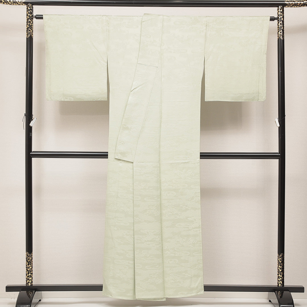 色無地 袷 身丈157cm 裄丈68cm 正絹 Cランク Mサイズ 広衿 インフォーマル 紋意匠 吉祥文様 緑系 1214-16893