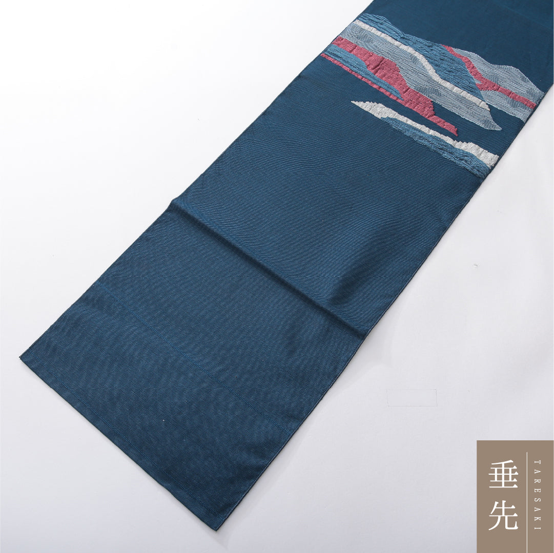 八寸名古屋帯 帯丈348cm カジュアル 松葉仕立て ポイント柄 Aランク 正絹 ふくれ織 山 青系 1224-03903