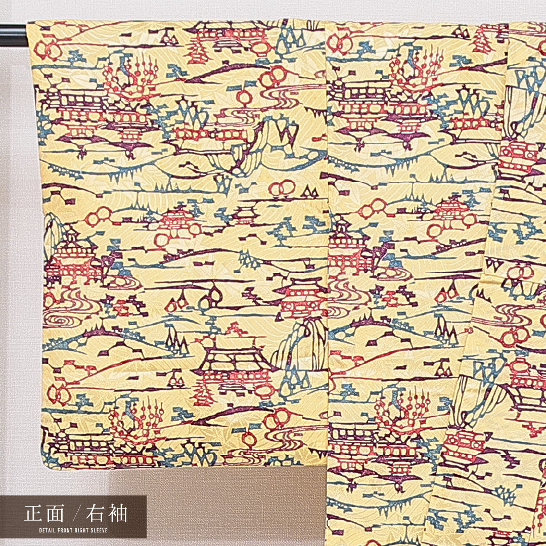 小紋 洗える着物 袷 身丈160cm 裄丈63cm ポリエステル Cランク Lサイズ 広衿 インフォーマル 楼閣 黄系 1215-15786